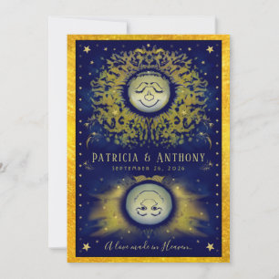 Celestial Love Navy & Gold Wedding Invitation Kaart