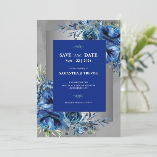 Celestial Love Silver, Blue Elegance Save The Date Kaart (Staand voorkant)