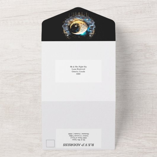 Celestial maan bruids paar silhouet ster all in one uitnodiging (Buitenkant)