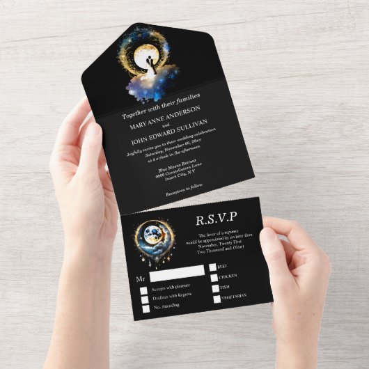 Celestial maan bruids paar silhouet ster all in one uitnodiging (Afscheurbaar)