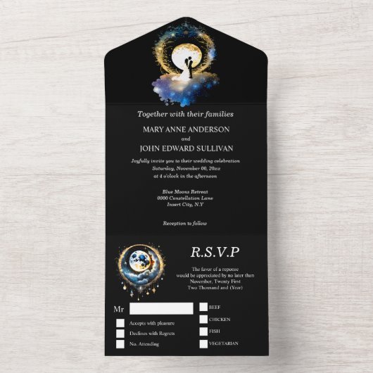 Celestial maan bruids paar silhouet ster all in one uitnodiging (Binnen)