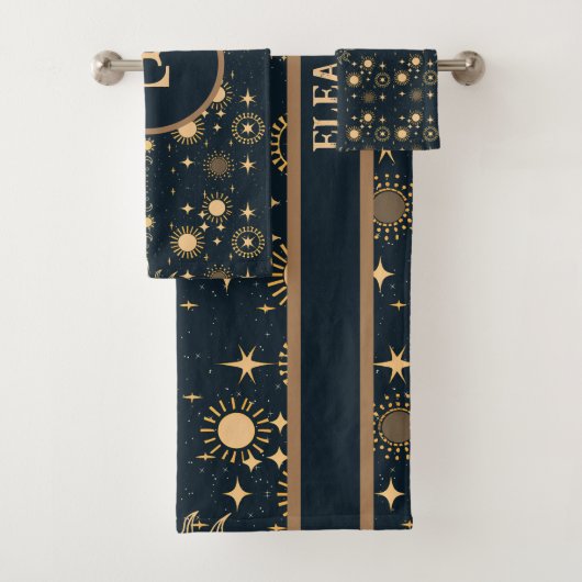 Celestial Maan en Zon Goud en Blauw Gepersonalisee Bad Handdoek (Insitu)