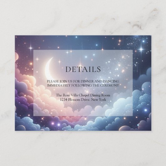 Celestial Maan Sterren Blauw Bruiloft Details Informatiekaartje (Voorkant)