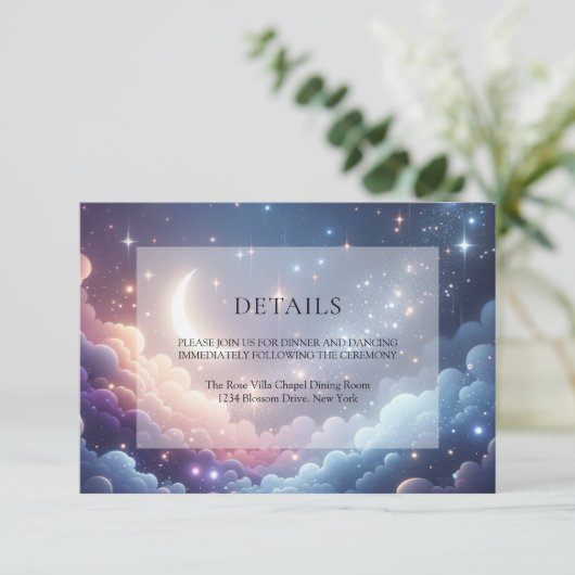 Celestial Maan Sterren Blauw Bruiloft Details Informatiekaartje (Staand voorkant)