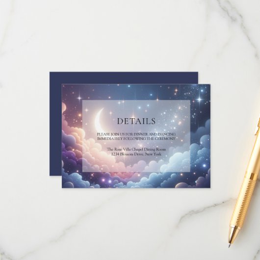 Celestial Maan Sterren Blauw Bruiloft Details Informatiekaartje (Voorkant / Achterkant in situ)