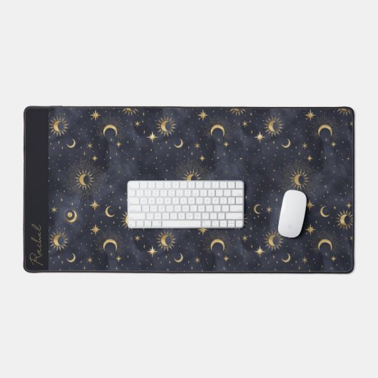 Celestial Maan Sterren Blauw en Goud Monogram Naam Bureaumat (Keyboard & Muis)