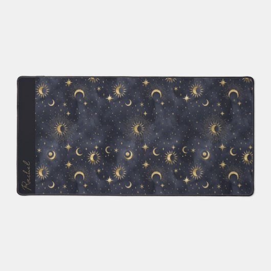 Celestial Maan Sterren Blauw en Goud Monogram Naam Bureaumat (Voorkant)