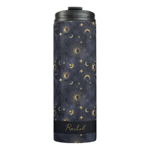 Celestial Maan Sterren Blauw en Goud Monogram Naam Thermosbeker