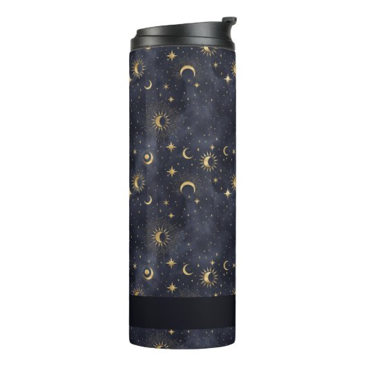 Celestial Maan Sterren Blauw en Goud Monogram Naam Thermosbeker (Gedraaid links)