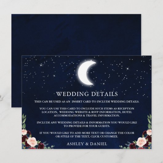 Celestial Maan Sterren Bloemen Bruiloft Details Informatiekaartje (Voorkant / Achterkant)