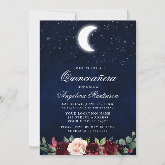 Celestial Maan Sterren Bloemen Quinceanera Kaart (Voorkant)