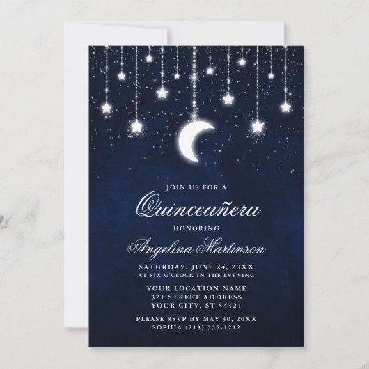 Celestial Maan Sterren String Lights Quinceanera Kaart (Voorkant)