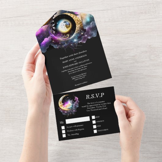 Celestial maan sterrenstelsel nacht halve sterren all in one uitnodiging (Afscheurbaar)