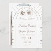 Celestial Maan & Zon Monogram Crest RSVP QR Code Kaart (Voorkant / Achterkant)