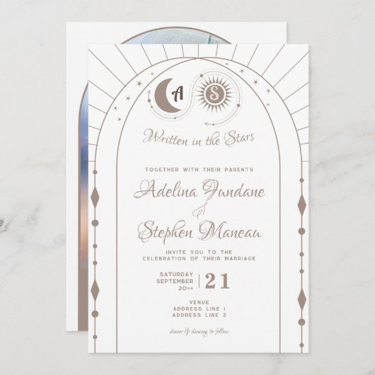 Celestial Maan & Zon Monogram Crest RSVP QR Code Kaart (Voorkant / Achterkant)