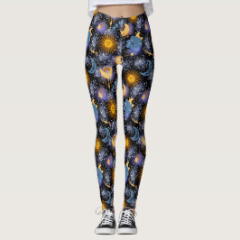 Celestial Magical Pattern Moon Stars Sun Black Leggings
