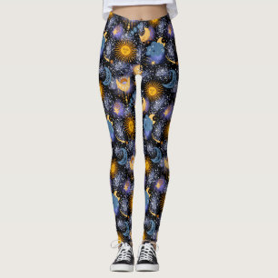 Celestial Magical Pattern Moon Stars Sun Black Leggings