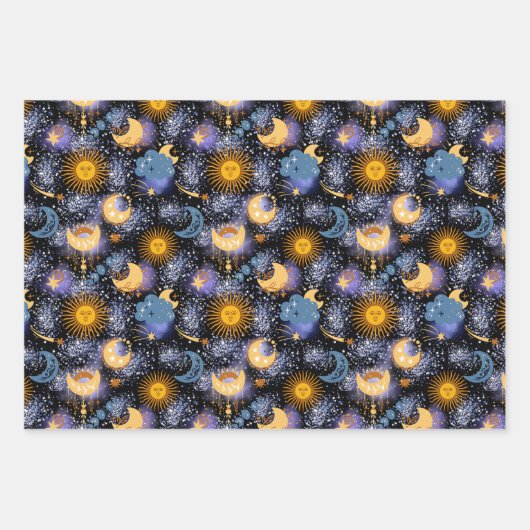 Celestial Magical Pattern Moon Stars Sun Black Sky Inpakpapier Vel (Voorkant 2)