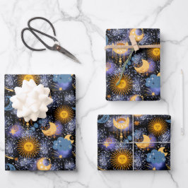 Celestial Magical Pattern Moon Stars Sun Black Sky Inpakpapier Vel