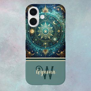Celestial Mandala Moon Galaxy Blauwgroen Gold Mono iPhone 16 Hoesje