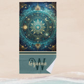 Celestial Mandala Moon Galaxy Blauwgroen Gold Mono Strandlaken