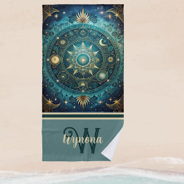 Celestial Mandala Moon Galaxy Blauwgroen Gold Mono Strandlaken