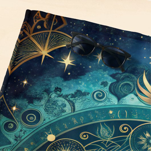 Celestial Mandala Moon Galaxy Blauwgroen Gold Mono Strandlaken