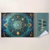 Celestial Mandala Moon Galaxy Blauwgroen Gold Mono Strandlaken (Voorkant)