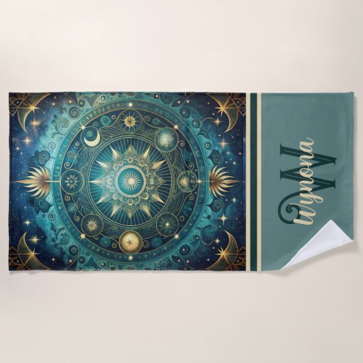 Celestial Mandala Moon Galaxy Blauwgroen Gold Mono Strandlaken (Voorkant)