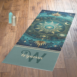Celestial Mandala Moon Galaxy Blauwgroen Gold Mono Yogamat