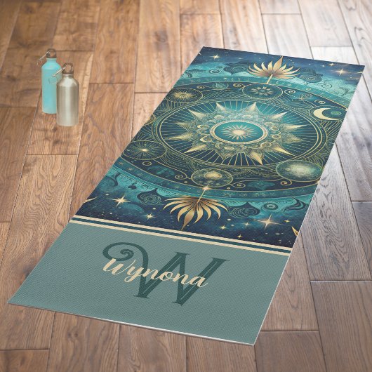 Celestial Mandala Moon Galaxy Blauwgroen Gold Mono Yogamat
