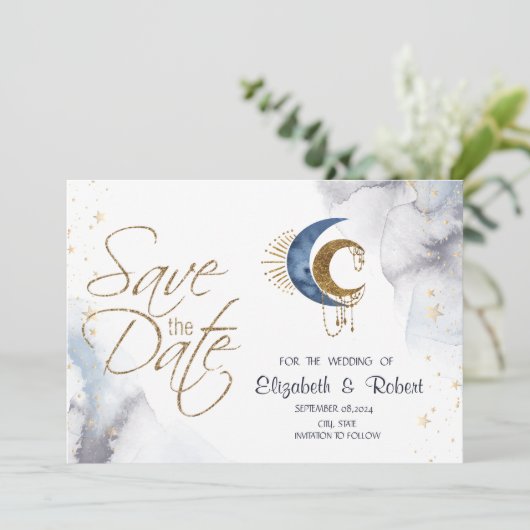 Celestial manen, sterren plat opslaan de datum Kaa Save The Date (Staand voorkant)