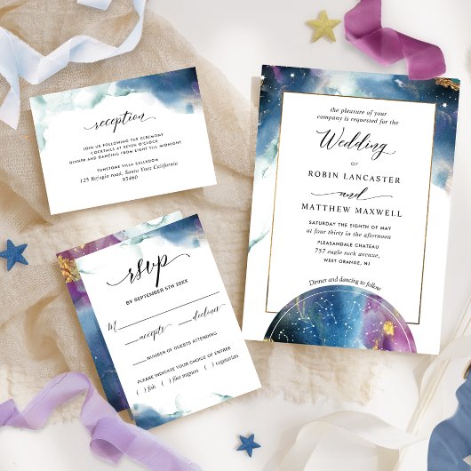 Celestial Map Blauwgroen Blue Paarse Waterverf Wed Kaart