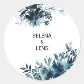Celestial Marine Blauw Bloemen Bruiloft Envelope S Ronde Sticker (Voorkant)