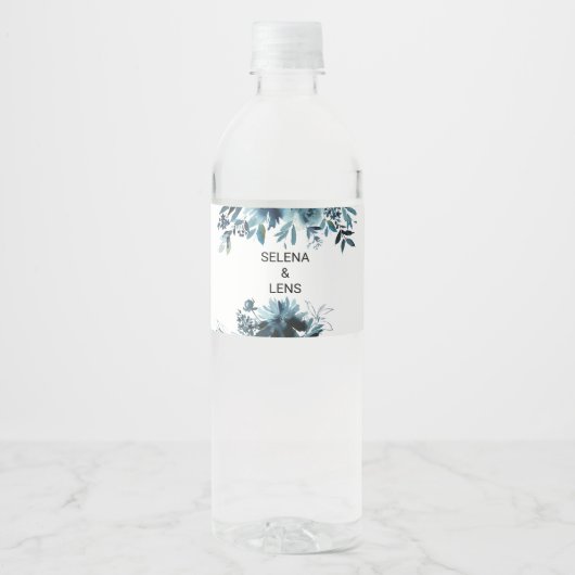 Celestial Marine Blauw Bloemen Water Fles Label Waterfles Etiket (Voorkant)
