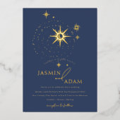 Celestial Marine Blauwe Sterren en Gouden Bruiloft Folie Uitnodiging (Voorkant)