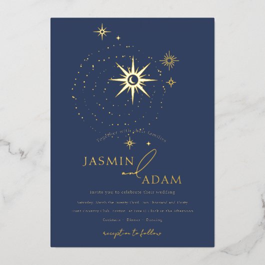 Celestial Marine Blauwe Sterren en Gouden Bruiloft Folie Uitnodiging (Voorkant)