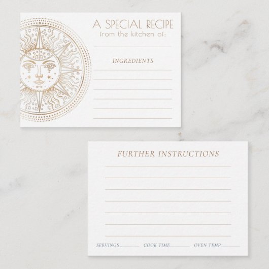Celestial Medallion | Boho Zodiac Sun Face Recipe Informatiekaartje (Voorkant / Achterkant)