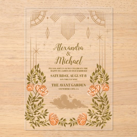 Celestial Midnight Black Stars Bruiloft Acryl Uitnodigingen (Voorkant)