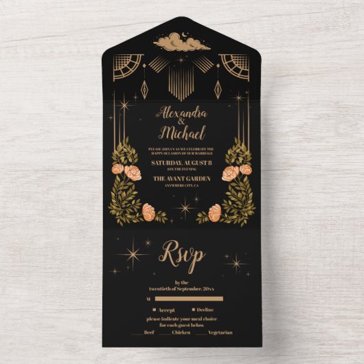 Celestial Midnight Black Stars Bruiloft All In One Uitnodiging (Binnen)