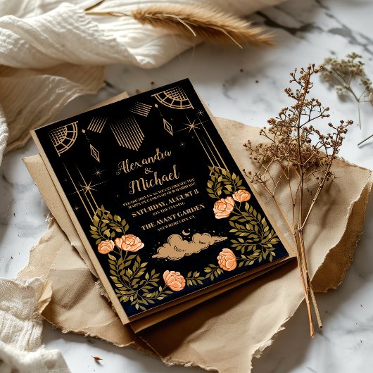 Celestial Midnight Black Stars Bruiloft Kaart