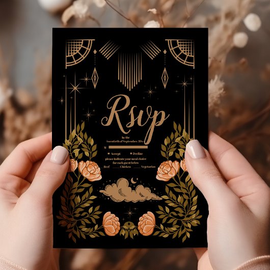 Celestial Midnight Black Stars Bruiloft RSVP Kaartje
