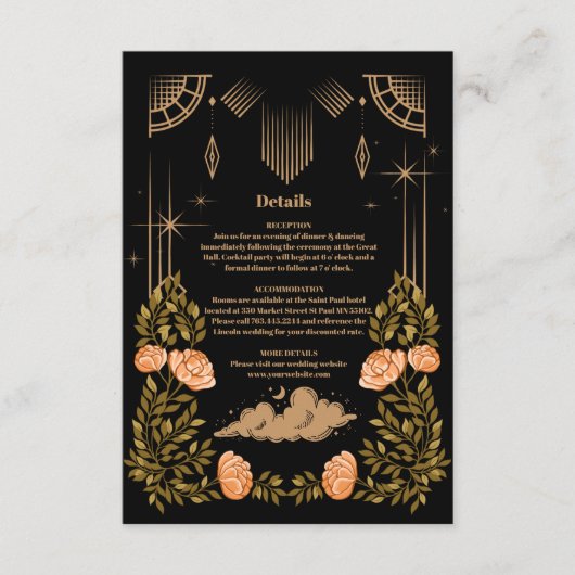 Celestial Midnight Black Stars Details Bruiloft Informatiekaartje (Voorkant)