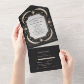 Celestial Midnight Black Stars Maan Bruiloft All In One Uitnodiging (Afscheurbaar)