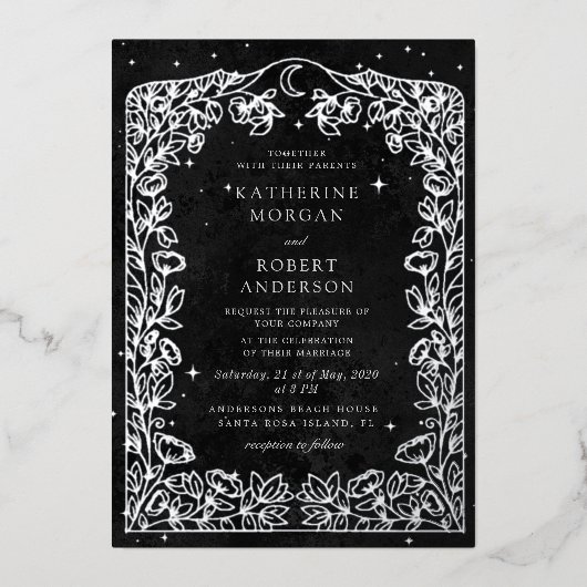 Celestial Midnight Black Stars Maan Bruiloft Folie Uitnodiging (Voorkant)