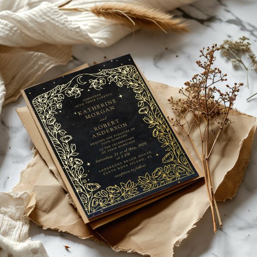 Celestial Midnight Black Stars Maan Bruiloft Folie Uitnodiging