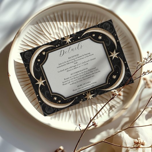 Celestial Midnight Black Stars Maan Bruiloft Informatiekaartje
