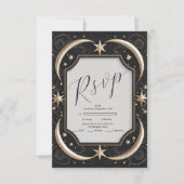 Celestial Midnight Black Stars Maan Bruiloft RSVP Kaartje (Voorkant)
