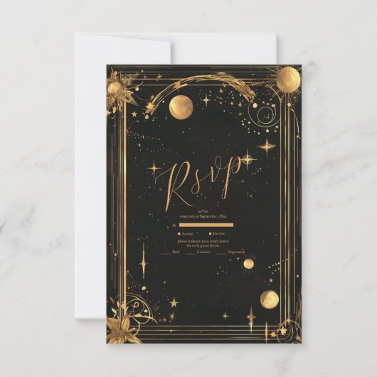 Celestial Midnight Black Stars Maan Bruiloft RSVP Kaartje (Voorkant)