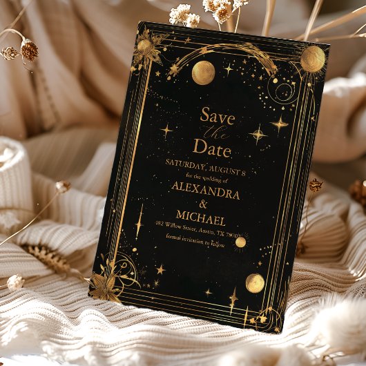 Celestial Midnight Black Stars Maan Bruiloft Save The Date
